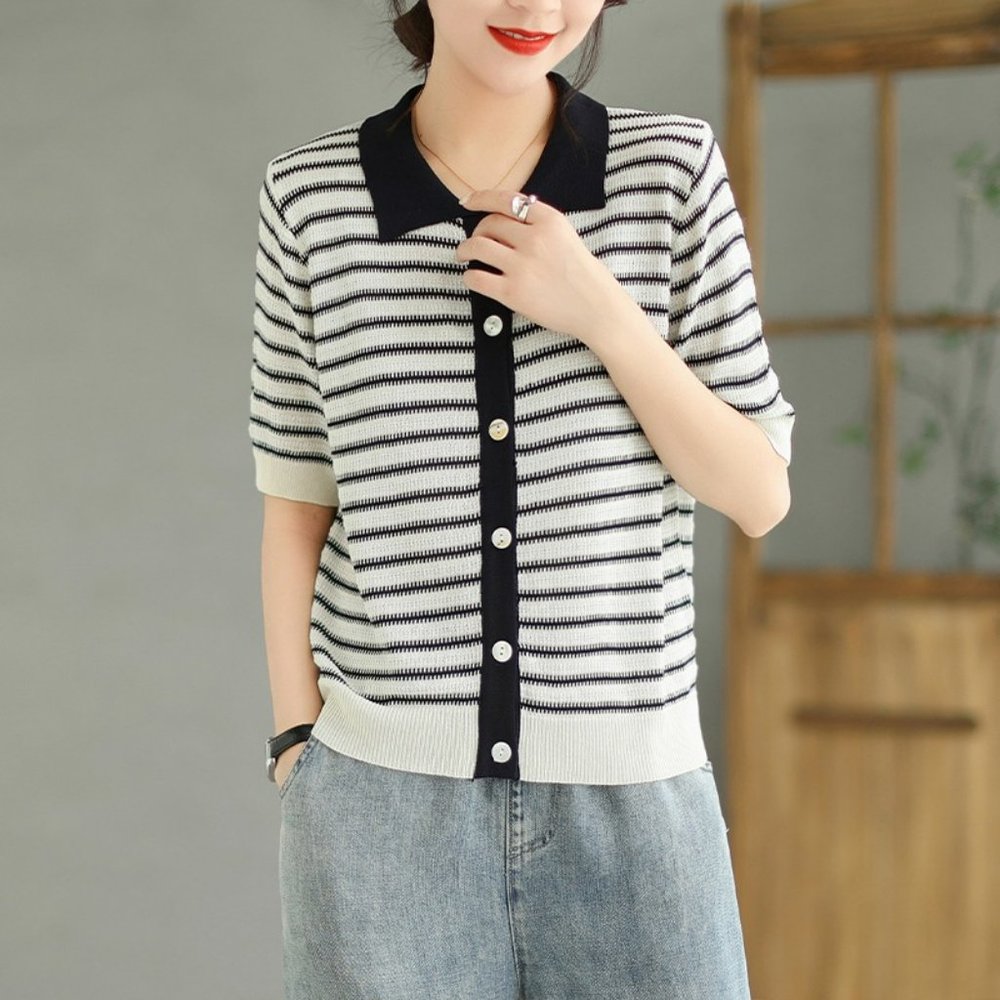 Black and White Striped Sweaters Women Summer, Open Front Sweaters